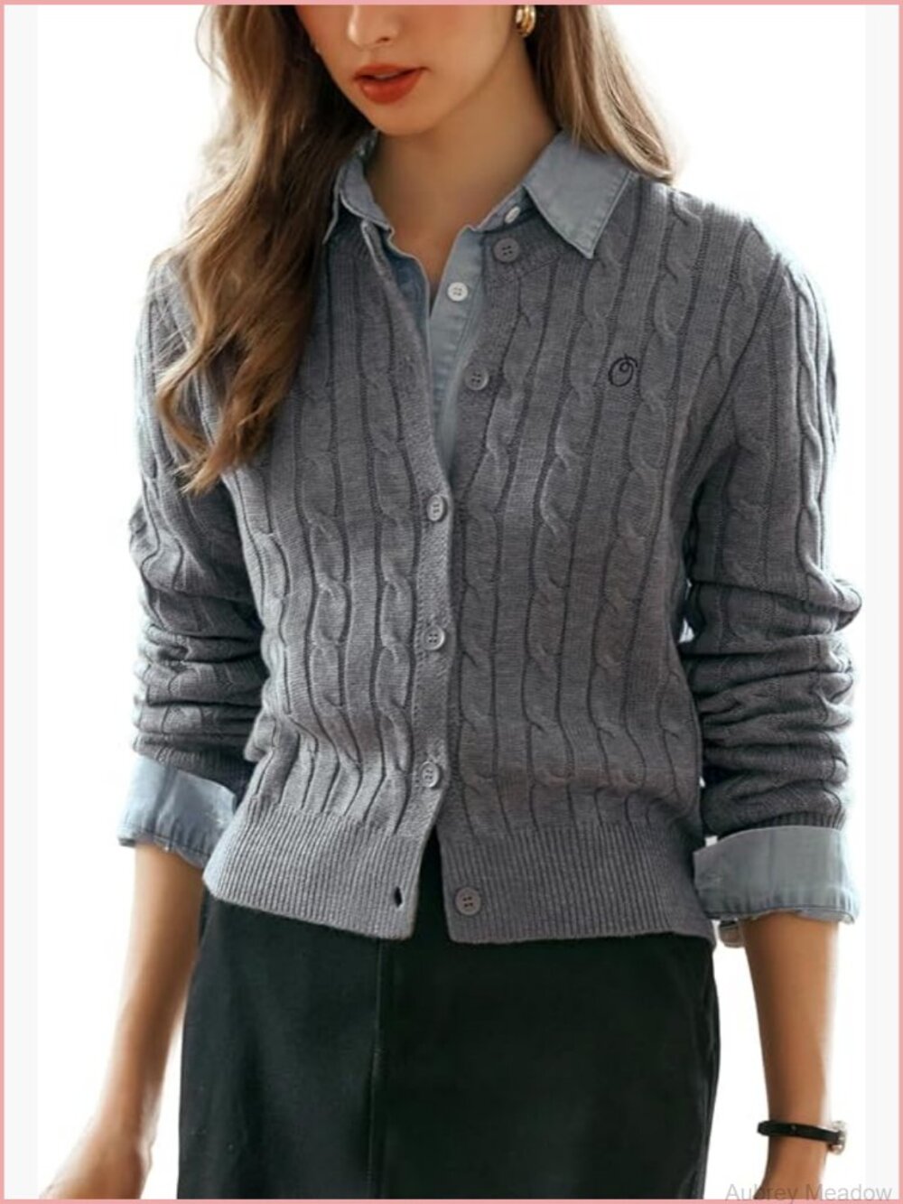 Grey Cable Knit Button Front Cropped Cardigan - Picture 1 of 6